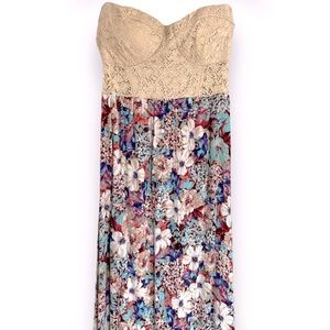 EUC | Lac Bleu | Strapless Floral Maxi Dress with Crochet Top | Size Large